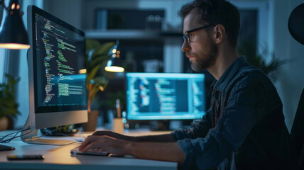 Intense male programmer writing code on a computer in a dark room with dual monitors.