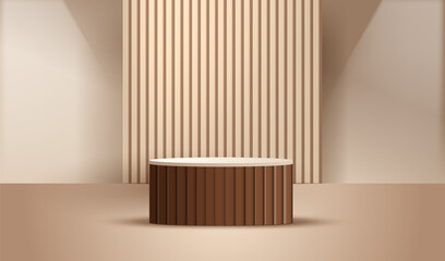 Brown wood podium with white cylinder pedestal background. Vertical wooden pattern background. Light scene for display products, stage showcase design. Vector geometric empty studio.
