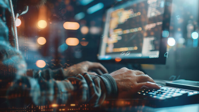 Cybersecurity expert working intensively in a futuristic control room with glowing screens.