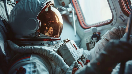 Astronaut in a spacecraft, reflecting on the journey, with Earth's glow in the helmet visor. - obrazy, fototapety, plakaty
