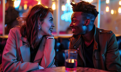 Close-up, young stylish trendy couple in a modern European bar on a date after work. Woman and man are relaxed, smiling, sitting across from each other, date night, isolated shot, bokeh, neon lighting