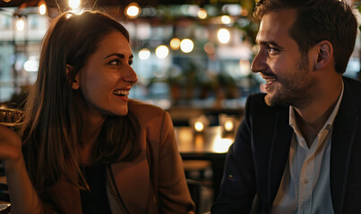 Close-up, young stylish trendy couple in a modern European bar on a date after work. Woman and man are relaxed, smiling, sitting across from each other, date night, isolated shot, bokeh, bar lighting