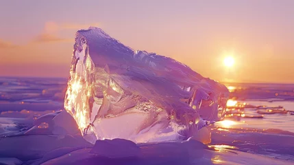 Foto op Canvas A very large and beautiful chunk of ice glistens at sunrise during winter. © shaiq