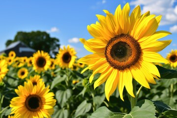 Obraz premium A vibrant field of sunflowers under a clear blue sky, Vibrant sunflowers in a field with a farmhouse in the distance, AI Generated