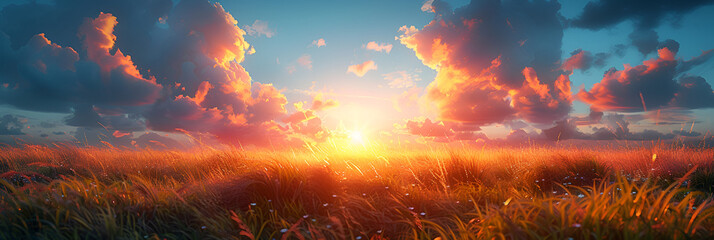 A field of tall grass with the sun setting 4k image,
Fantasy landscape sunset over the meadow
 - obrazy, fototapety, plakaty