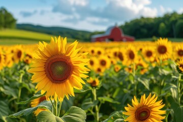 Fototapeta premium Vibrant Sunflower Field With Barn in the Background, Vibrant sunflowers in a field with a farmhouse in the distance, AI Generated