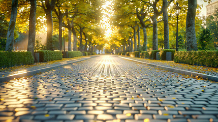 Sunlit Autumn Park Road, Beautiful Tree Lined Path with Seasonal Foliage, Peaceful Urban Landscape