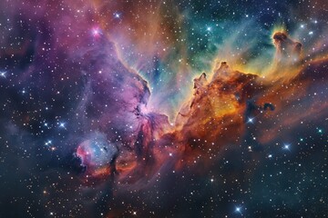 This photo captures a vibrant space filled with dazzling stars shining brightly against a dark background, Vibrantly colored cosmic nebula amidst shimmering stars, AI Generated