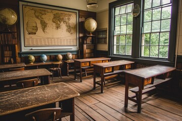 A classroom filled with rows of desks and a large map displayed on the wall, Victorian empty classroom with wooden desks and old globes, AI Generated