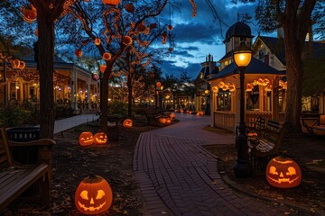 Vibrant pumpkins are brightly lit up on a busy street, creating a lively atmosphere, Victorian era...