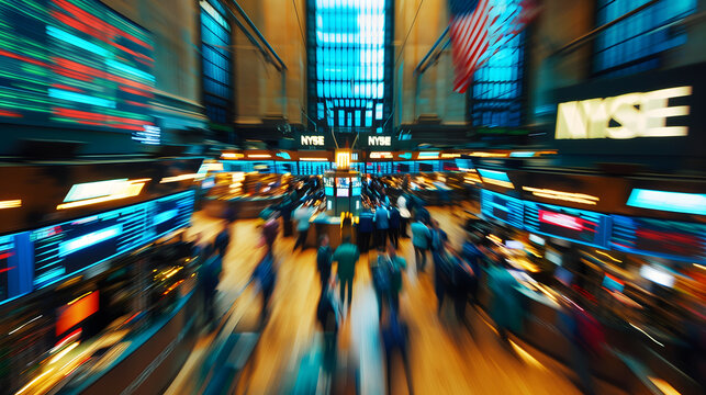 a long time exposure photography of the trading floor of a stock exchange, capturing the frenetic energy and rhythm of the financial markets