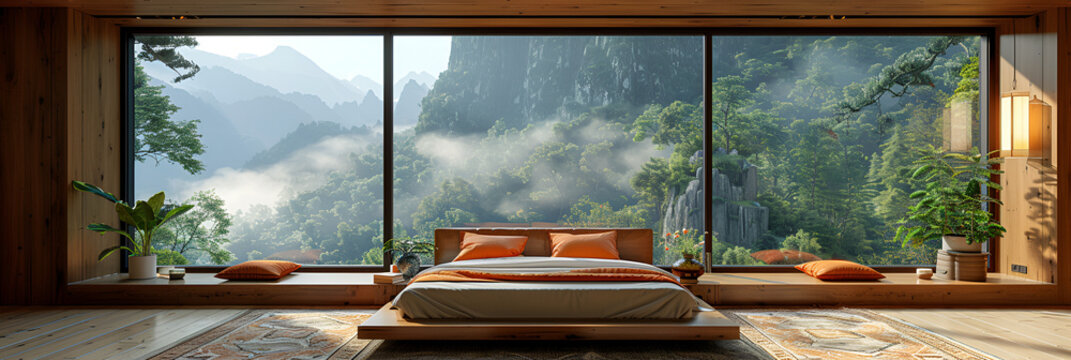 window in the morning 3d image,
A bedroom with a large window and a view of the evening in mountains,
