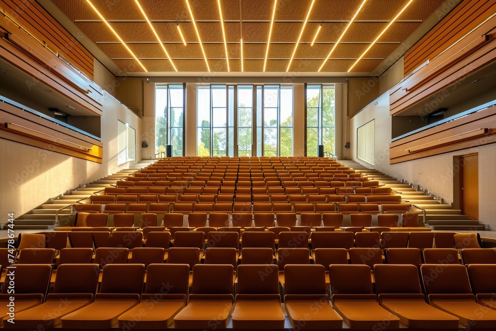 Poster an image of an empty auditorium with neatly arranged rows of seats and a large projector screen at t