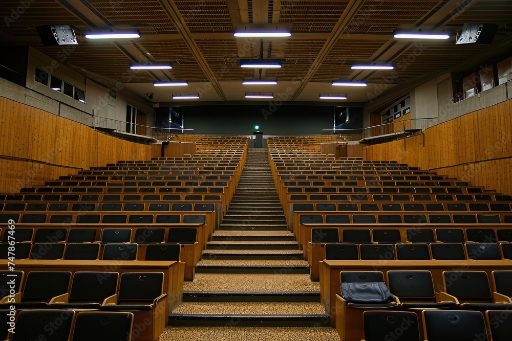 Poster empty lecture hall with neat rows of unoccupied seats, view of a spacious empty lecture hall in a pr