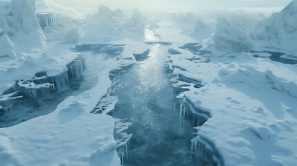 A network of  ice bridges crosses a frozen river, forming a pathway through the snow-covered banks and creating a magical connection within the winter world. 
