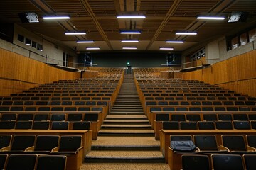 Empty Lecture Hall With Neat Rows of Unoccupied Seats, View of a spacious empty lecture hall in a prestigious university, AI Generated