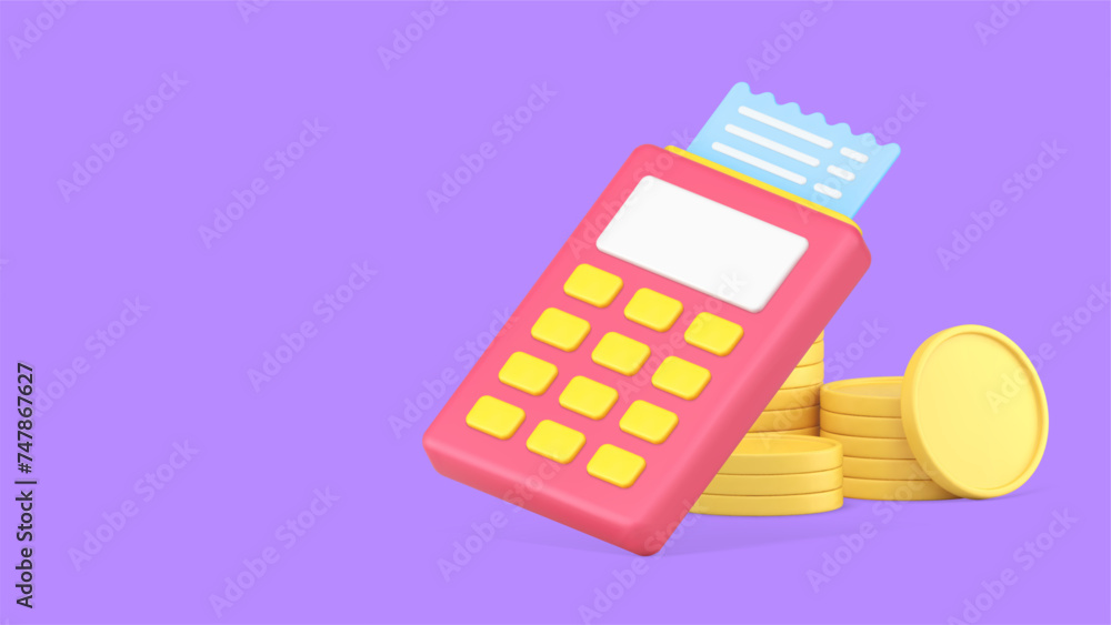 Poster shopping payment terminal checkout with receipt invoice banner copy space 3d icon realistic vector