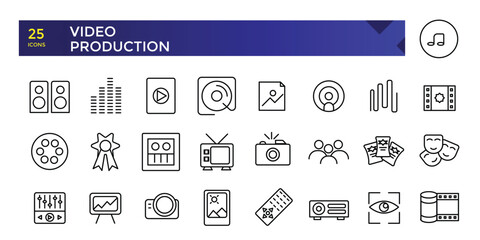 Simple Outline Set of Video Production icons. Linear style icons pack. Minimalist thin linear web ui icon set. vector illustration.