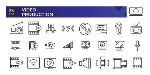 Simple Outline Set of Video Production icons. Linear style icons pack. Minimalist thin linear web ui icon set. vector illustration.
