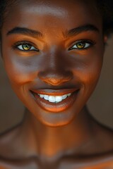 Portrait of smiling African American woman with clean skin on neutral background. Concept Portrait Photography, Clean Skincare, Neutral Backdrop, African American Model