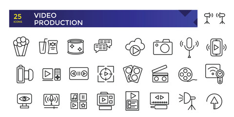 Simple Outline Set of Video Production icons. Linear style icons pack. Minimalist thin linear web ui icon set. vector illustration.
