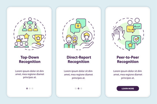 Employee recognition forms onboarding mobile app screen. Walkthrough 3 steps editable graphic instructions with linear concepts. UI, UX, GUI template. Myriad Pro-Bold, Regular fonts used