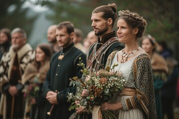 A man and woman happily stand together, their warm smiles and relaxed posture showcasing their friendly connection, Viking-inspired wedding with traditional attire, AI Generated - obrazy, fototapety, plakaty