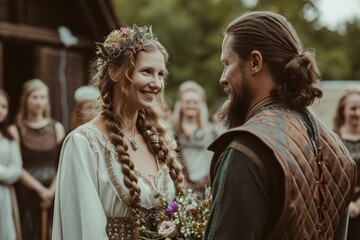 Obraz premium A man and a woman dressed in medieval clothing pose at a Renaissance fair, showcasing authentic costumes and accessories, Viking-inspired wedding with traditional attire, AI Generated