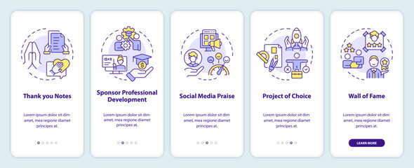 Employee acknowledgement onboarding mobile app screen. Walkthrough 5 steps editable graphic instructions with linear concepts. UI, UX, GUI template. Myriad Pro-Bold, Regular fonts used