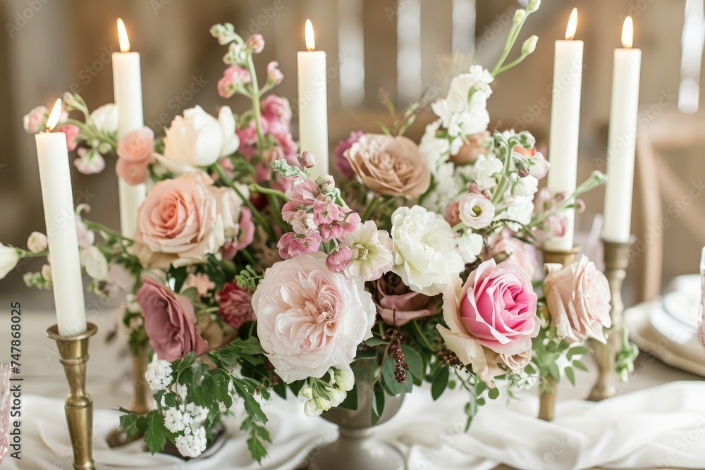 Fototapete a table filled with an array of vibrant flowers and flickering candles, creating an opulent and stri
