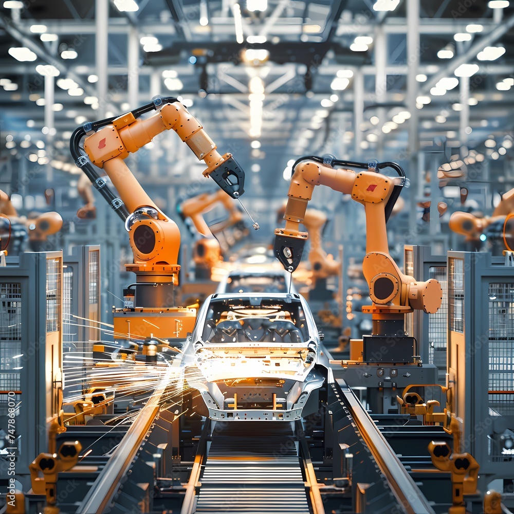 Poster twin robotic arms working synchronously to assemble and weld a car on an automated production line. 