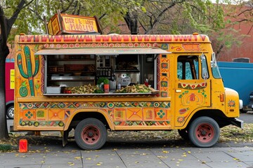 A red and white food truck is parked on the side of a busy road, serving customers and preparing delicious meals, Vintage food truck selling delicious tacos, AI Generated