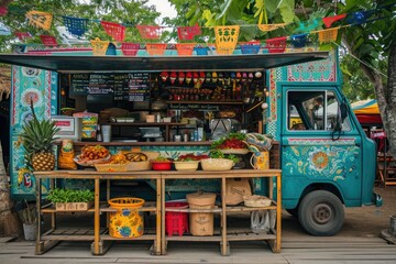 Naklejka premium A food truck with a vibrant color scheme is parked on the side of a busy road, serving a diverse array of delicious street food to customers, Vintage food truck selling delicious tacos, AI Generated