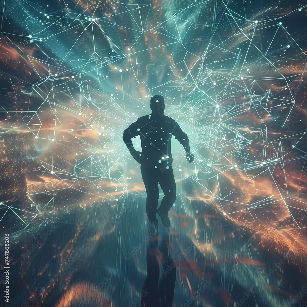 Poster A man ventures through a stellar network resembling a constellation. This image represents the navigation of the complex data universe. AI Generative