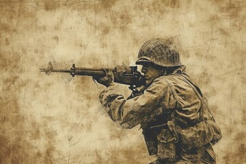 A soldier stands with a gun in his hand, ready for combat, Vintage style depiction of World War II Special Forces soldier, AI Generated