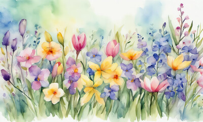 Watercolor spring background with irises, crocus and tulips