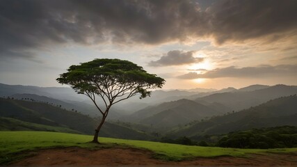 Lonely tropicaltree in the valley of Nelliyampathy hills,