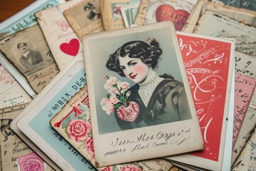 A pile of old-fashioned Valentines Day cards, featuring intricate designs and romantic messages, arranged in a messy but nostalgic stack, Vintage Valentineâ€™s day postcards spread out, AI Generated