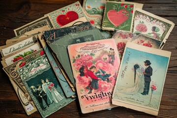 A colorful assortment of vintage Valentines Day cards showcasing various designs and themes from different eras, Vintage Valentineâ€™s day postcards spread out, AI Generated