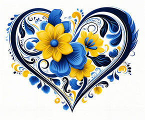 a heart shaped with flowers and leaves on a white background with blue and yellow accents and swirls and swirls, generative ai