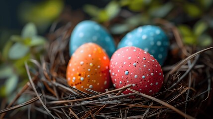 Cozy Nest with Speckled Easter Eggs in a Tranquil Forest Setting
