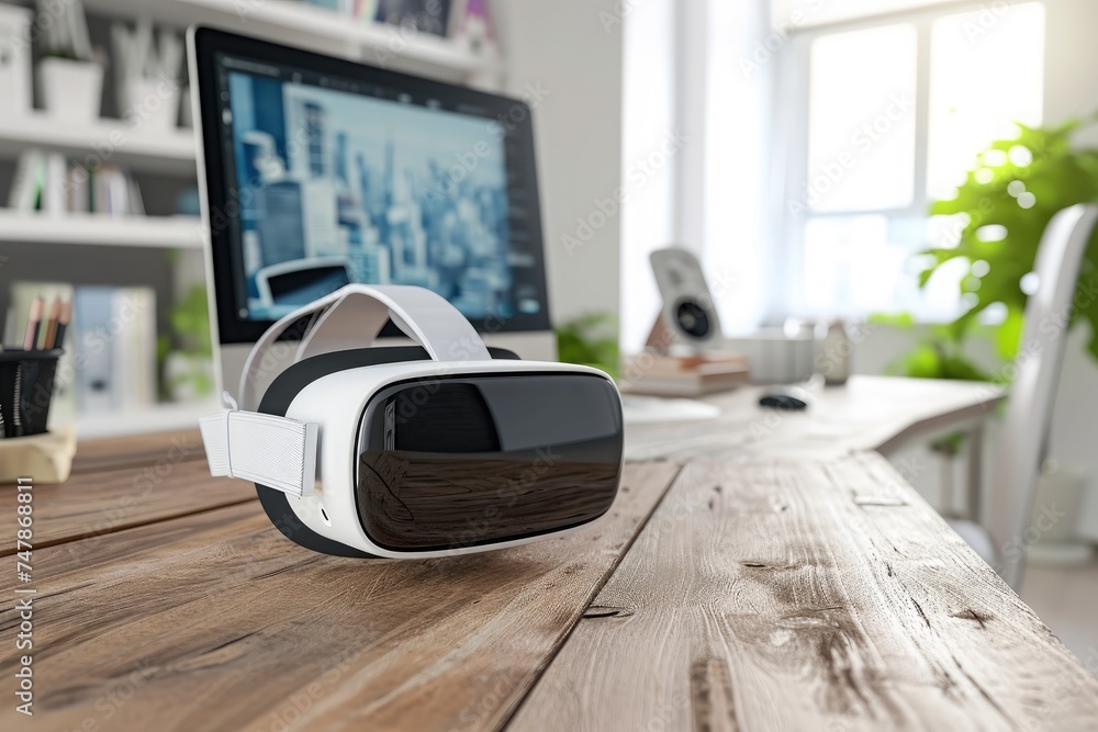 Poster a table with a computer and a pair of virtual glasses placed on it, virtual reality headset lying on
