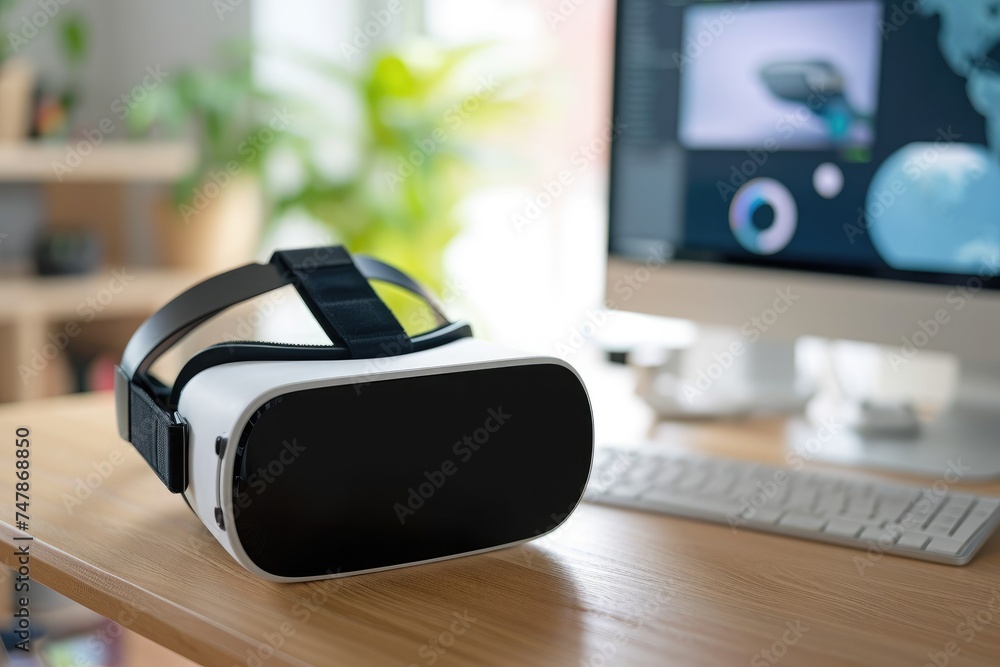 Poster a computer desk featuring a monitor and a pair of virtual glasses placed on top of it, virtual reali