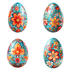 Set of various design of flowers painted eggs in red and blue color isolated on transparent background, cut out, png, collection of colored eggs