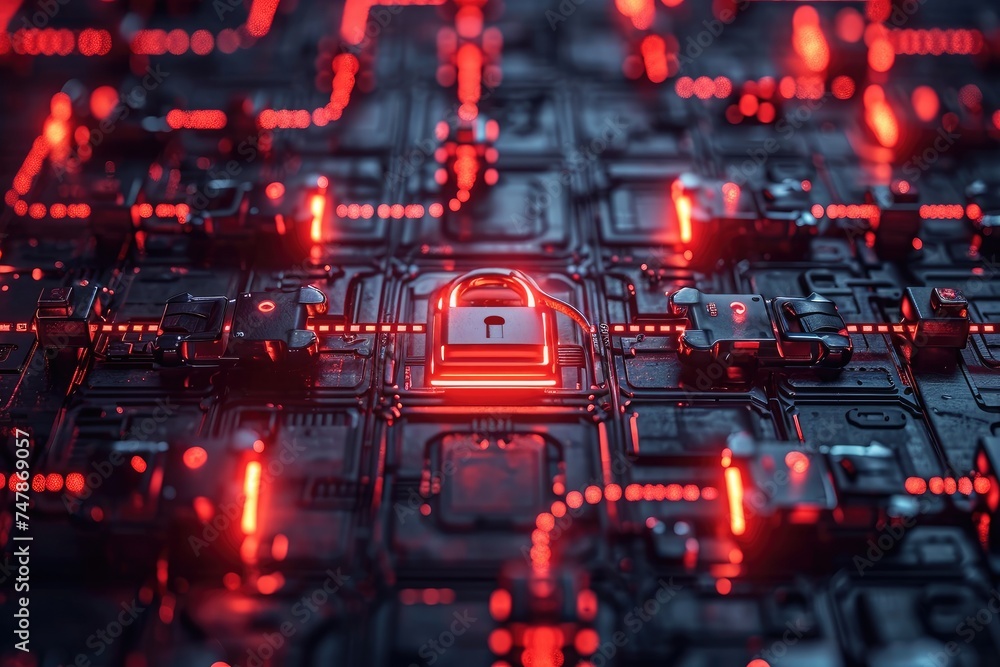 Poster a close-up photo of a padlock securely fastened on a computer circuit board illuminated by red light