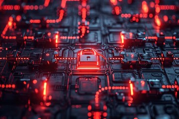 A close-up photo of a padlock securely fastened on a computer circuit board illuminated by red lights, Visualisation of a strong password resisting hacking attempts, AI Generated