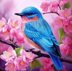 Beautiful blue bird on a branch with pink flowers.