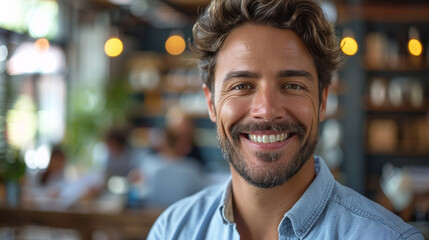 A happy, bearded man smiling directly at the camera with a café's blurred background providing a warm atmosphere