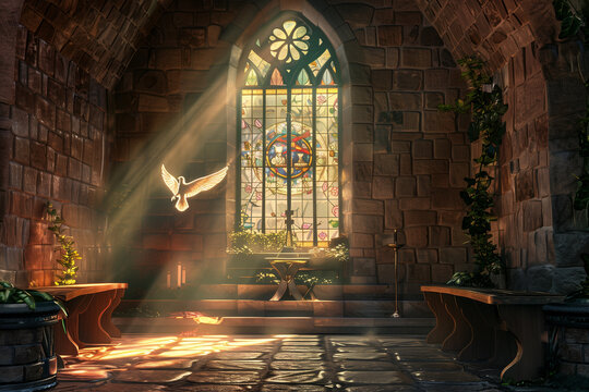 picture shows a warm-lit stone church with a stained glass window of a dove, chalice, and bread.