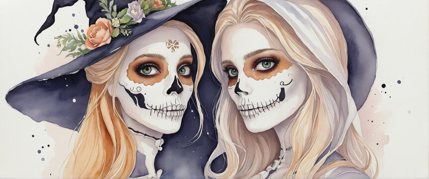 Wedding skeleton in watercolor for Halloween, isolated witch for Halloween set